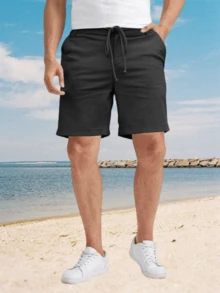 Runcati Men's Linen Casual Classic Short Elastic Waist Summer Beach Lightweight Board Slim-Fit With Pockets - 黑色 - 查看 3