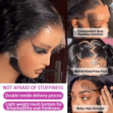 Peluca de cabello humano de 40 pulgadas de largo, ondas profundas 13x4, densidad 200%, cabello humano 100% virgen, rizado profundo, frontal de encaje transparente pre-arrancado, ondulado y húmedo, para mujeres con línea de cabello natural - Natural Black - Ver 7