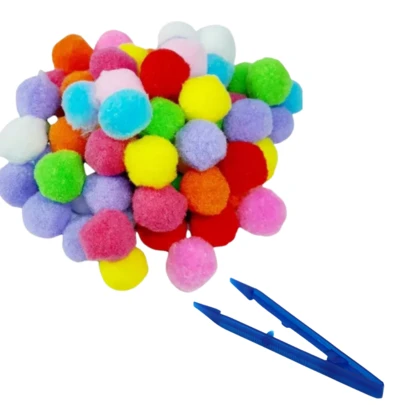 100 Pompons Coloridos com 1 Pinça