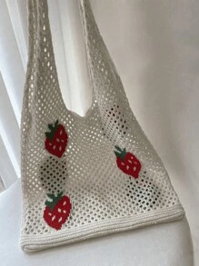Lightweight,Casual Cute Cartoon Strawberry Pattern Crochet Bag Hollow Out Detail Vacation Style For Teen Girls Women College Students Perfect For College,Outdoors,Travel,Outings,School Bag,Large Capacity,Portable,For Teen Girls Women College Students,White-Collar Workers,Perfect For Work,Back To School,Middle School,High School,College,Vacation, & Cute Strawberry Purse