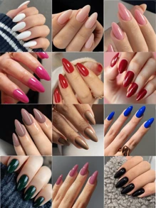 288pcs Medium Almond Press On Nails, 12 Solid Color Glossy Acrylic Fake Nails Full Cover Nail Tips, False Nails For Nail Art Decoration Diy,Pink Nails,Red Nails,Black Nails,Spring And Summer Nail Art
