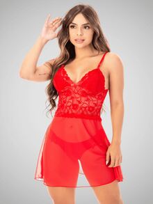 Kit 3 Women's Sensual Transparent Lingerie Without Cups - 紅色 - 查看 2