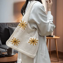 New Hollow Out Woven Handbag For Women, Vintage Knitted Knitted Shoulder Tote Bag, Niche Design