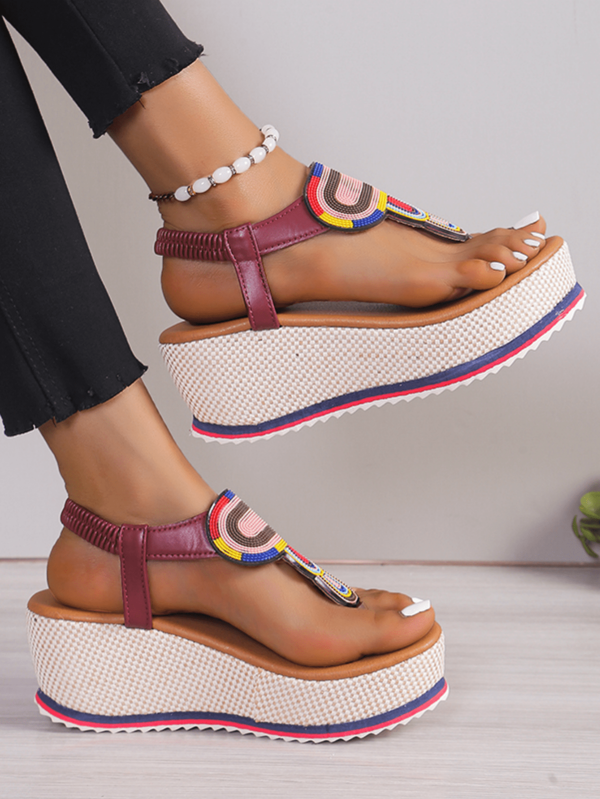 1 Pair Women's High Heel Sandals, Thick Platform Bohemian Woven Summer Beach Shoes