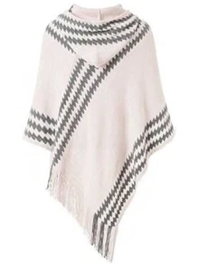 1件女士连帽提花双色仿羊绒腈纶针织斗篷披肩，宽松版型带流苏，适合旅行、办公、居家穿着，大码连衣裙也可搭配。