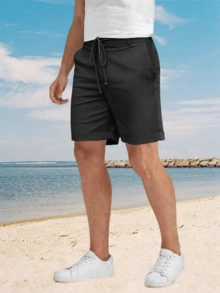 Runcati Men's Linen Casual Classic Short Elastic Waist Summer Beach Lightweight Board Slim-Fit With Pockets - 黑色 - 查看 4