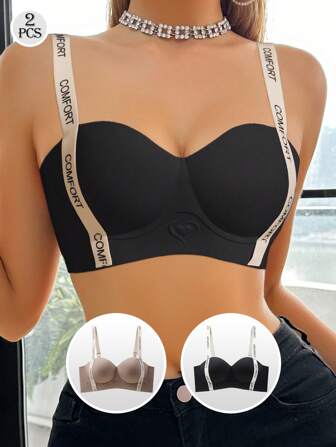 2pcs/Set Wireless Seamless Padded Bras For Women, Comfortable & Supportive, Letter Strap, Everyday Wear