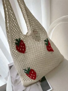 Lightweight,Casual Cute Cartoon Strawberry Pattern Crochet Bag Hollow Out Detail Vacation Style For Teen Girls Women College Students Perfect For College,Outdoors,Travel,Outings,School Bag,Large Capacity,Portable,For Teen Girls Women College Students,White-Collar Workers,Perfect For Work,Back To School,Middle School,High School,College,Vacation, & Cute Strawberry Purse