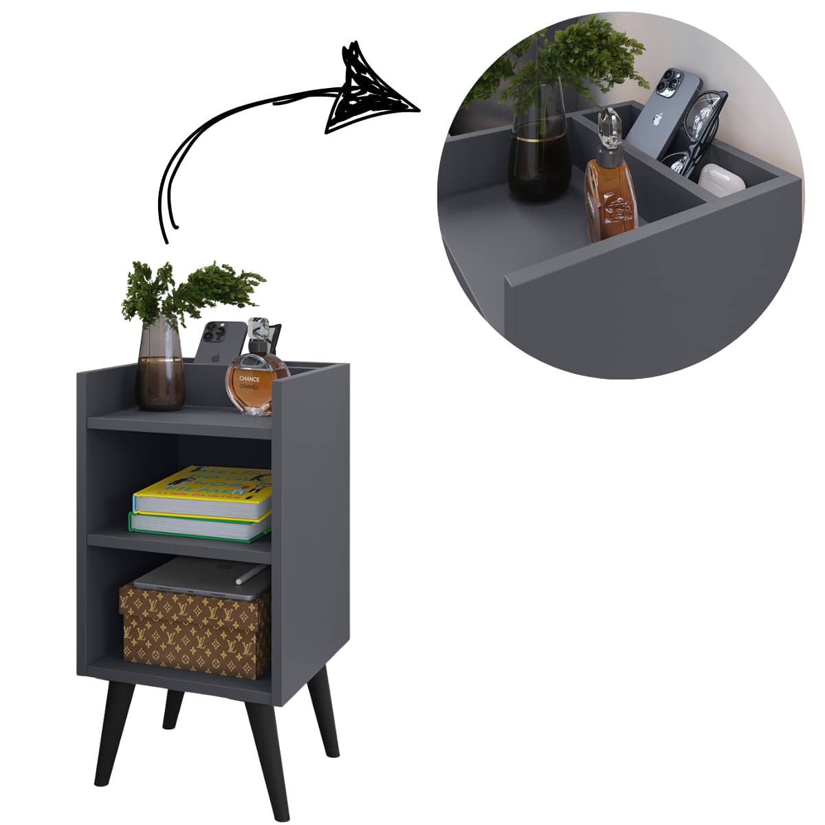 Compacta Max Bedside Table With Niche And Cell Phone Holder - Grey - View 1