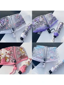 Sanrio مظلة صغيرة قابلة للطي تلقائيًا من سانريو ب- 8 عيدان من الحديد ، بتصميم كرتوني عصري ، غطاء من البلاستيك و مقبض ، مظلة شفافة قابلة للطي مزخرفة بطباعات الشخصيات الكرتونية ، مناسبة للصيف والشاطئ والسفر