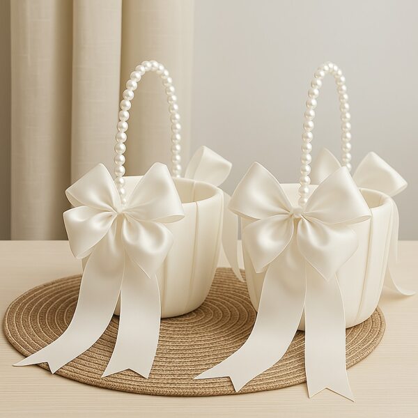 Bow Faux Pearl Wedding Flower Basket For Bride, White Bow Satin Flower Basket With Pearl Handle , Perfect For Wedding Ceremony, Party Decoration, Outdoor Celebrations, Home Room Decor, Mother's Day Gift, Ceremony Supplies