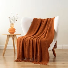 1pc Super Oversized Geometric Pattern Acrylic Knit Fringe Throw Blanket, Machine Washable, Suitable For Sofa, Office, Bed, Camping, Travel, All Seasons, Great As Movie Theme, Holiday, Birthday, Mother's Day Gift - Caramel Colour - View 2