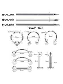 14pcs/Set Piercing Kit With 4 Sterile 1.6G Piercing Needles, 1 Triangle Forceps/Gloves, And 8 Stainless Steel Piercing Jewelry, Suitable For Lip/Nose/Brow/Ear Piercing Tools - Multicolor - View 3