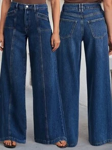 New Fashion Women's Jeans Loose Wide Leg Comfortable Stretch Denim Pants High Quality Stylish Casual Wear - 深色水洗藍 - 查看 1