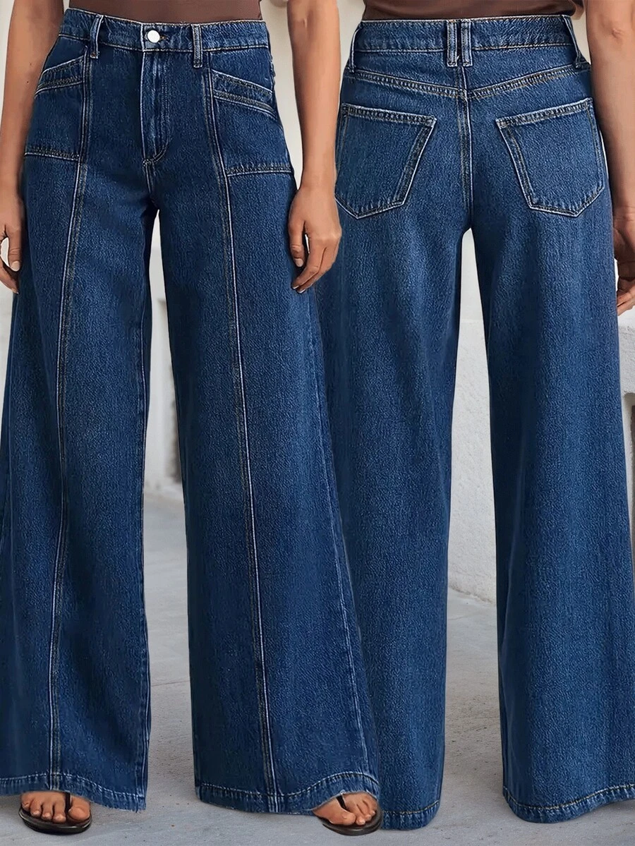 New Fashion Women's Jeans Loose Wide Leg Comfortable Stretch Denim Pants High Quality Stylish Casual Wear - 深色水洗藍 - 查看 1