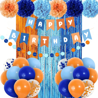 生日装饰，蓝色生日用品，浅蓝色、海军蓝、棕色、棕褐色、橙色横幅，流苏窗帘，波西米亚风气球，绒球背景，一岁生日装饰，甜蜜的一岁生日派对装饰，甜蜜的一岁生日，新娘送礼会装饰用品，Lulu复活节装饰