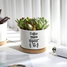 1pc Bamboo Tray Ceramic Planter Pot - Suitable For Succulent Plants, Teacher's Desk Or Garden Decor, Perfect Gift For Teachers On Graduation Season And Birthday School Decor School Surprise Dormitory Decor Back To School Home Decor Room Decor School Supplies