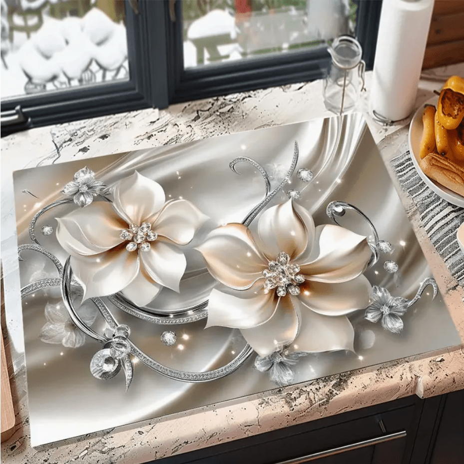 1 pieza Felpudo de cocina absorbente y 3D con diseño floral - Alfombra de silicona suave antideslizante y de secado rápido, adecuada para encimera, cafetera y lavavajillas, con diseño floral blanco y gris, funda de tela de poliéster, accesorio esencial para el hogar y la cocina