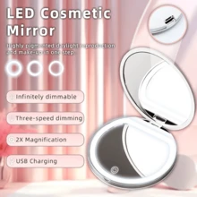 Espejo de maquillaje iluminado con aumento 2X, 3 niveles de brillo, espejo LED plegable y portátil con aumento de 2X por un solo lado, recargable por USB, regalo único para hombres y mujeres - Blanco - Ver 4