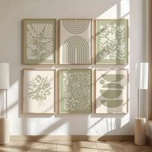 6pcs/Set Boho Green Plant & Floral Wall Art Canvas Posters, Minimalist Gallery Wall Decor For Living Room, Bedroom, Office, Cafe, Bar, Dining Room, Dorm, Hallway, Home & Room Decor, Optional Frame ,Wall Art With Frame