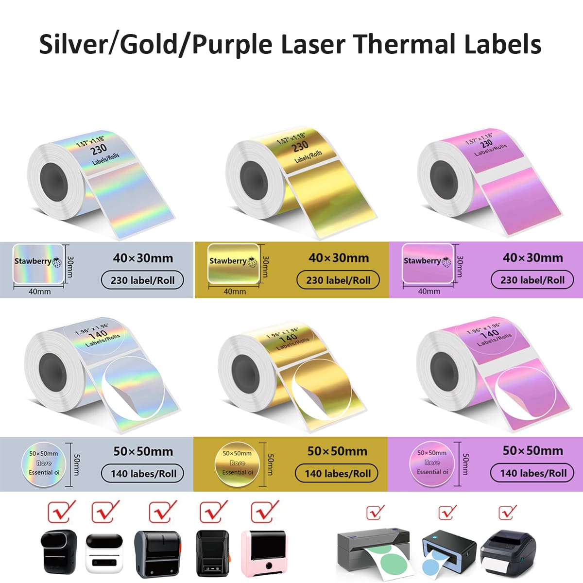 Holographic Silver/Gold/Purple Thermal Labels Paper For Phomemo M110 M200 M220 M221,50x50MM Round&Square,Waterproof Self-Adhesive Mini Printer Laser Stickers For DIY Glitter Labels/Thanks Card