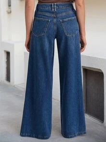 New Fashion Women's Jeans Loose Wide Leg Comfortable Stretch Denim Pants High Quality Stylish Casual Wear - 深色水洗藍 - 查看 3