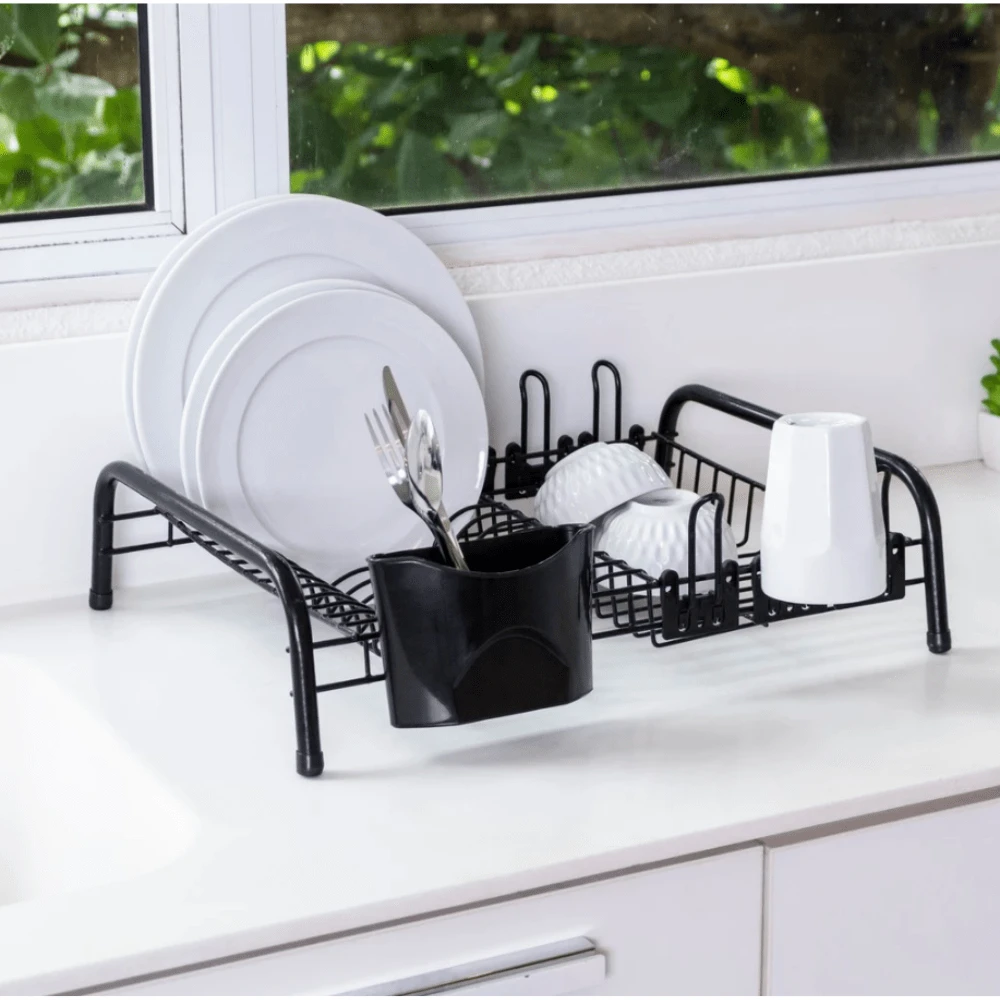 Organizador Escorredor De Louça Para Cozinha Pratos E Talheres Plastico E Metal Preto - Preto - Visão 1