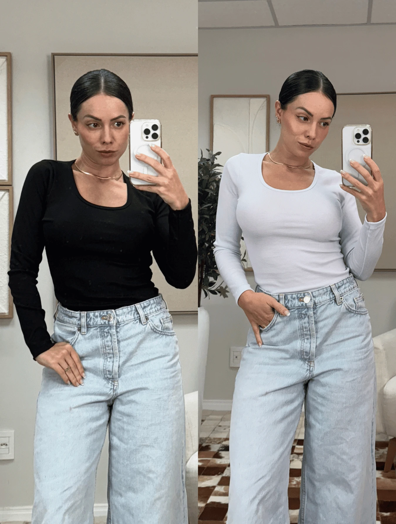 Kit Of 2 Premium Long Sleeve Ribbed Blouses: Elegance And Comfort For Women - Black + White - View 1