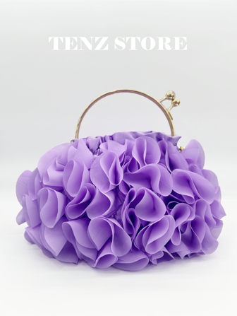 女士优雅花卉褶皱缎面晚宴手拿包手提包 - 别致的雪纺花瓣手提包，配有链条肩带，非常适合新娘、婚礼、舞会、姐妹会正式活动、毕业派对、春季联欢会、婚礼、鸡尾酒会和特殊场合