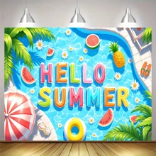1pc Summer Beach Background Banner, Polyester Material, With Fruit And Swimming Ring, Suitable For Birthday Party Decoration, Home Decoration, Interior And Exterior Decoration, Photo Shoot Background, Anniversary, Wall Decoration, Garden Decoration, Curtain, Tablecloth