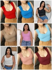 Ribbed Cropped Top With Lining – Elegant And Modern V-Neck Straps - 米色 - 查看 2