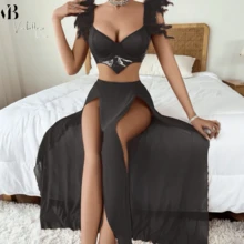 Women's sexy hot girl solid color metal chain perspective sexy lingerie three-piece set - Negro - Ver 1