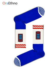 1 Pair Men's Crew Socks With British Style Phone Booth & Wave Pattern, Comfortable Breathable Moisture-Wicking, & Unique Gift For Boyfriend, Father