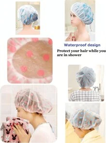 5pcs/4pcs/3pcs/2pcs/1pc Random Color Waterproof Shower Cap, Bath Cap, Printed Bathtub Cap, Dust-Proof And Waterproof Head Cover, Thickened Hat, Reusable Dust-Proof Cover, Home & Travel Portable Bath Cap, Thickened Women Ha