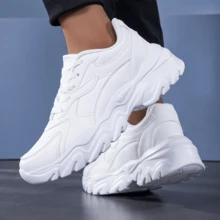 Men's Casual Sports Shoes, Thick Sole, Shock-Absorbing, Wear-Resistant, Soft Bottom, Running Shoes, Fashionable Design, Low-Top, Breathable, Lightweight, Comfortable, Versatile Chunky Sneakers, Suitable For Outdoor Fitness, Running, Sports, Walking - White - View 2