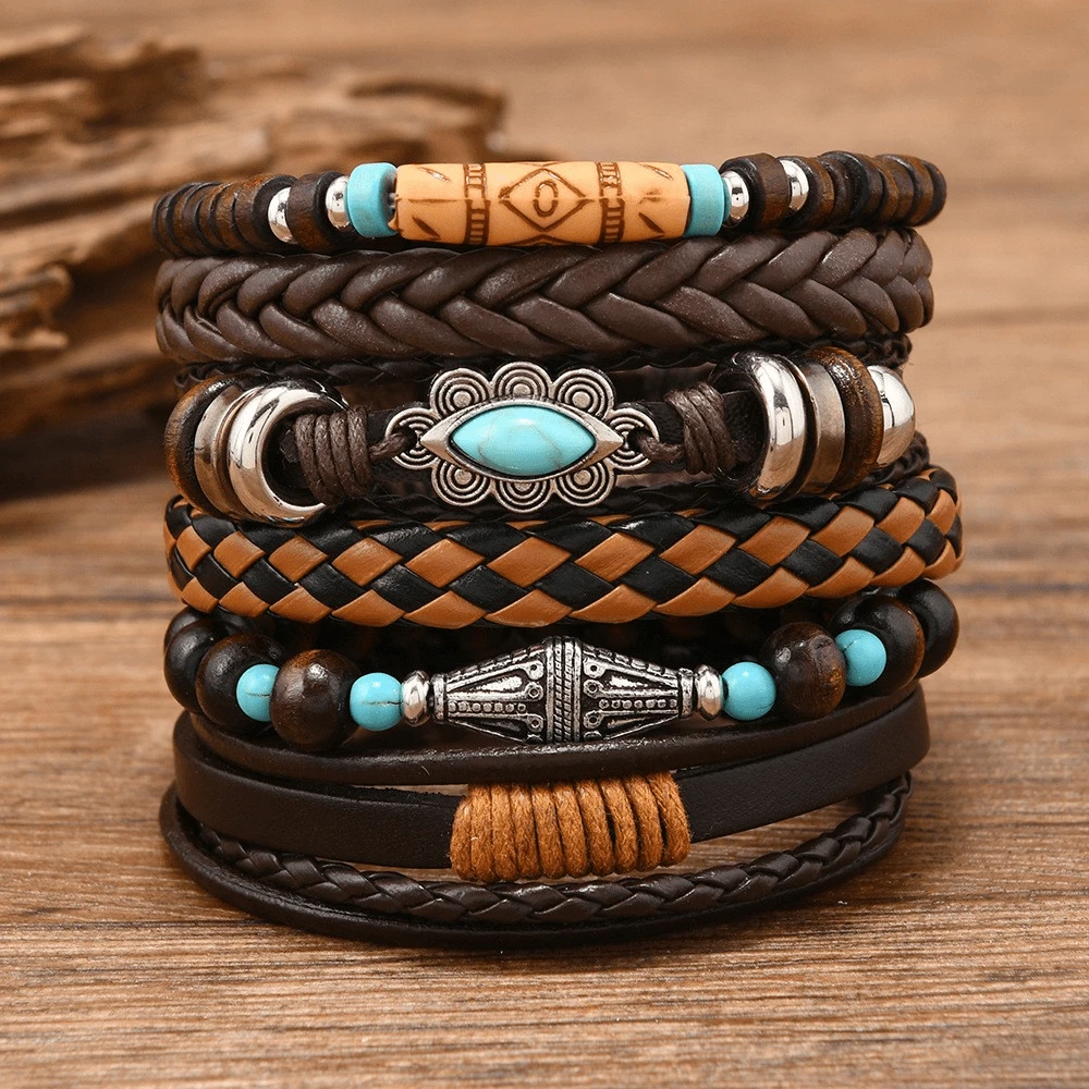 6pcs Retro Punk Style Bracelet Set With Turquoise Feather, Coconut Shell Bead, Leather, Rhombus Element - Multicolor - View 1