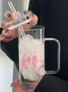 1pc (350ml/11.83oz) Square Bow Tied Glass Cup With Handle, Clear Handle Pumpkin Cup, Classic Mug, Tea Cup, Juice Cup, Coffee Cup, Milk Cup, Water Cup, Fruit Cup, Soup Cup, Suitable For Kitchen, Dining Room, Party, Halloween, Outdoor Party