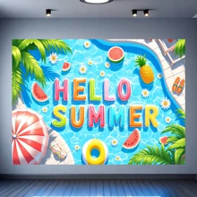 1pc Summer Beach Background Banner, Polyester Material, With Fruit And Swimming Ring, Suitable For Birthday Party Decoration, Home Decoration, Interior And Exterior Decoration, Photo Shoot Background, Anniversary, Wall Decoration, Garden Decoration, Curtain, Tablecloth