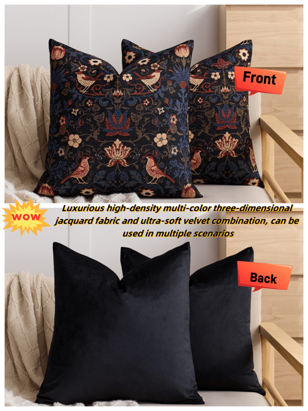 1/2 Piezas, Funda de almohada cuadrada decorativa negra con estilo floral y de pájaros campestres, adecuada para todas las estaciones, disponible en una variedad de colores y tamaños, funda de almohada de tela jacquard multicolor de alta densidad, sin relleno de almohada, cierre con cremallera, adecuado para fiestas de vacaciones, fundas de cojín de sofá, camas, salas de estar, oficinas, autos y como regalos.