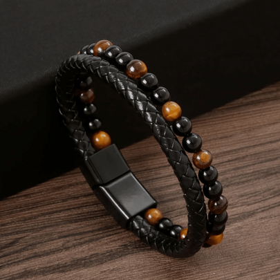 1pc Vintage Leather & Tiger Eye Braided Double-Layer Bracelet For Men