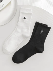 2 Pares de Meias Pretas e Brancas com Estampa de Cruz para Mulheres, Meia-Cano, Impressão de Letras, Versátil para Todas as Estações, Outono
