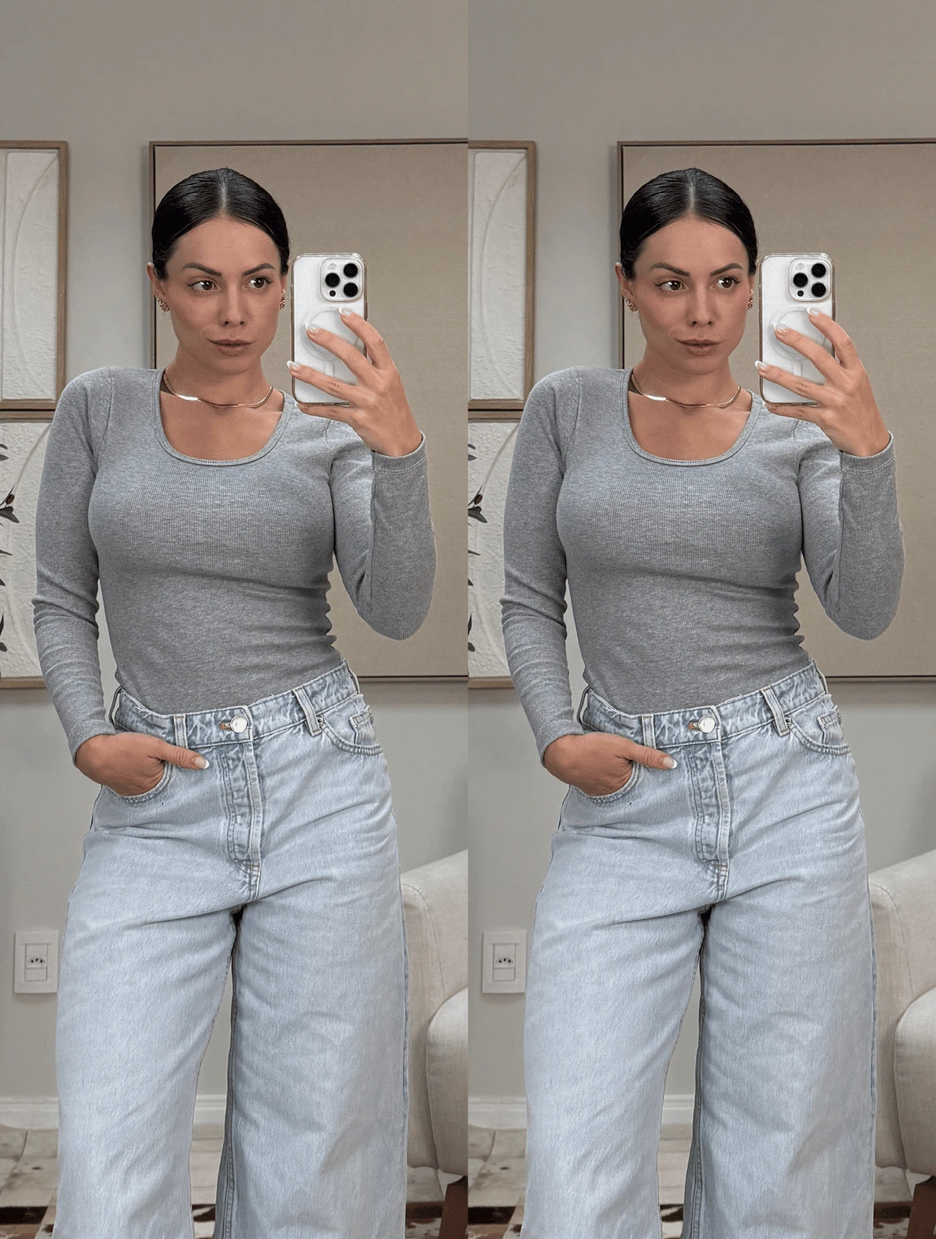 Kit Of 2 Premium Long Sleeve Ribbed Blouses: Elegance And Comfort For Women - 2 Xám - Xem 1