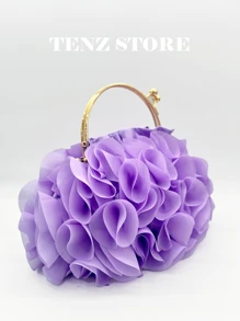 Bolso de mano de satén plisado con estampado floral elegante para mujer, para eventos de noche - Bolso de mano con pétalos de chifón y correa de cadena, perfecto para novia, bodas, bailes de graduación, fiestas de la hermandad, fiestas de primavera, bodas, eventos de cóctel y ocasiones especiales