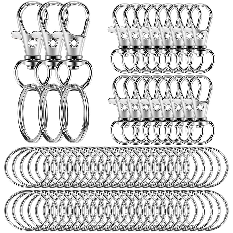 Set de 100 piezas de Anillas con mosquetón giratorio, adecuado para llaveros, cordones, manualidades DIY de joyería (50 piezas de mosquetón de resorte + 50 piezas de anilla para llavero) - gris-plata - Ver 1