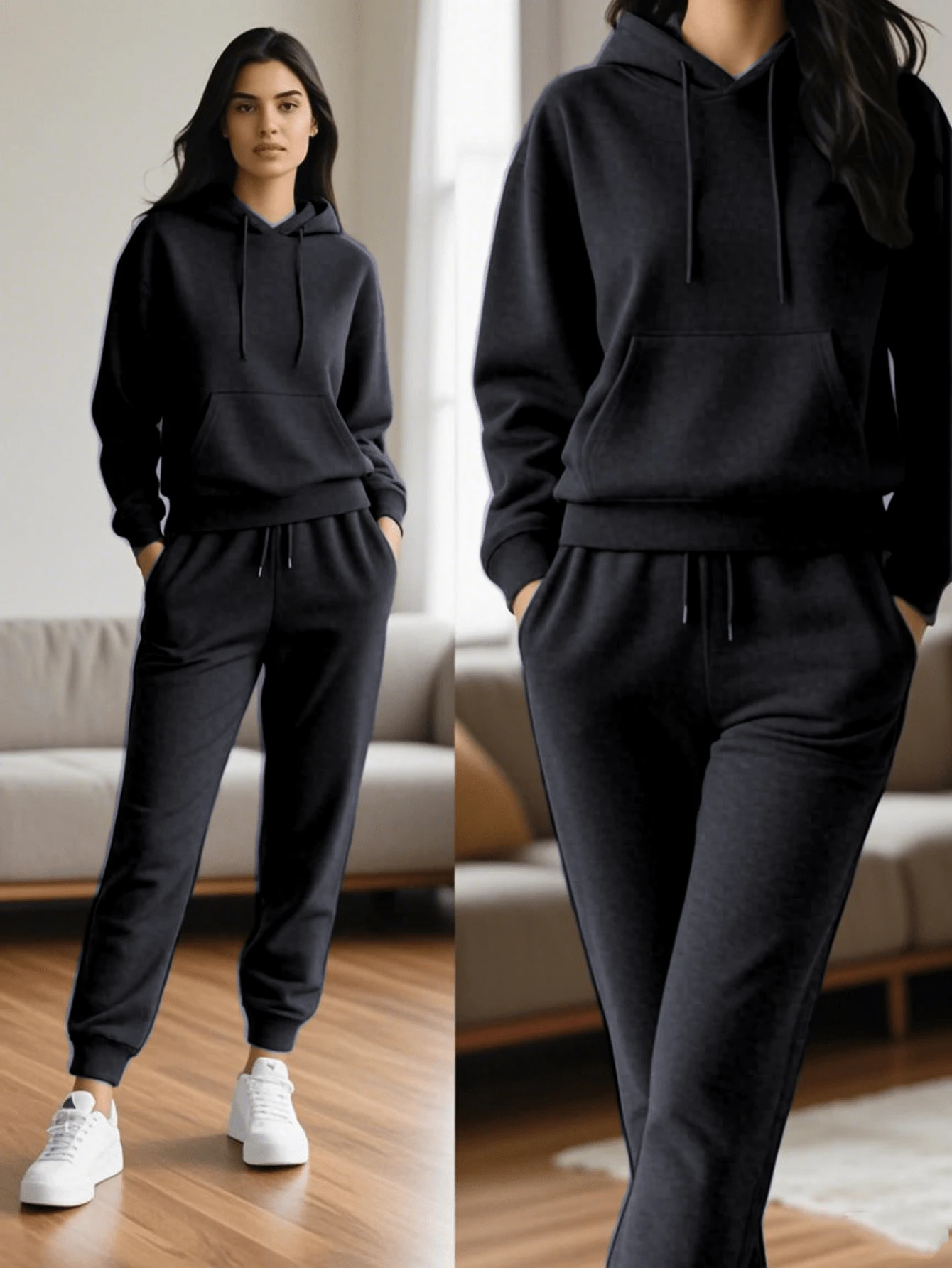 Conjunto Deportivo 2 Piezas Para Mujer Sudadera Con Capucha Cremallera Y Pantalones Con Bolsillos Estilo Casual Cómodo - Negro - Ver 1