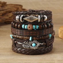 6pcs Retro Punk Style Bracelet Set With Turquoise Feather, Coconut Shell Bead, Leather, Rhombus Element - Multicolor - View 6