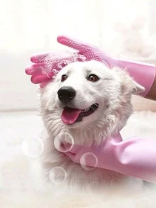 1PC Pet Grooming Gloves - High Density Dental Heat Resistant Silicone Gloves, Enhanced 5 Finger Design, For Bathing And Massaging Dogs And Cats, Blue/Pink/Purple/Green/Grey Color