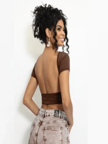 Moderna & Slim Short Sleeve Blouse With Fully Exposed Back - Blouse With Fully Open Back - Rust Brown - View 2