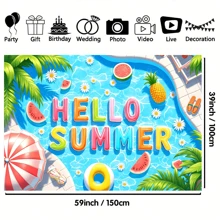1pc Summer Beach Background Banner, Polyester Material, With Fruit And Swimming Ring, Suitable For Birthday Party Decoration, Home Decoration, Interior And Exterior Decoration, Photo Shoot Background, Anniversary, Wall Decoration, Garden Decoration, Curtain, Tablecloth