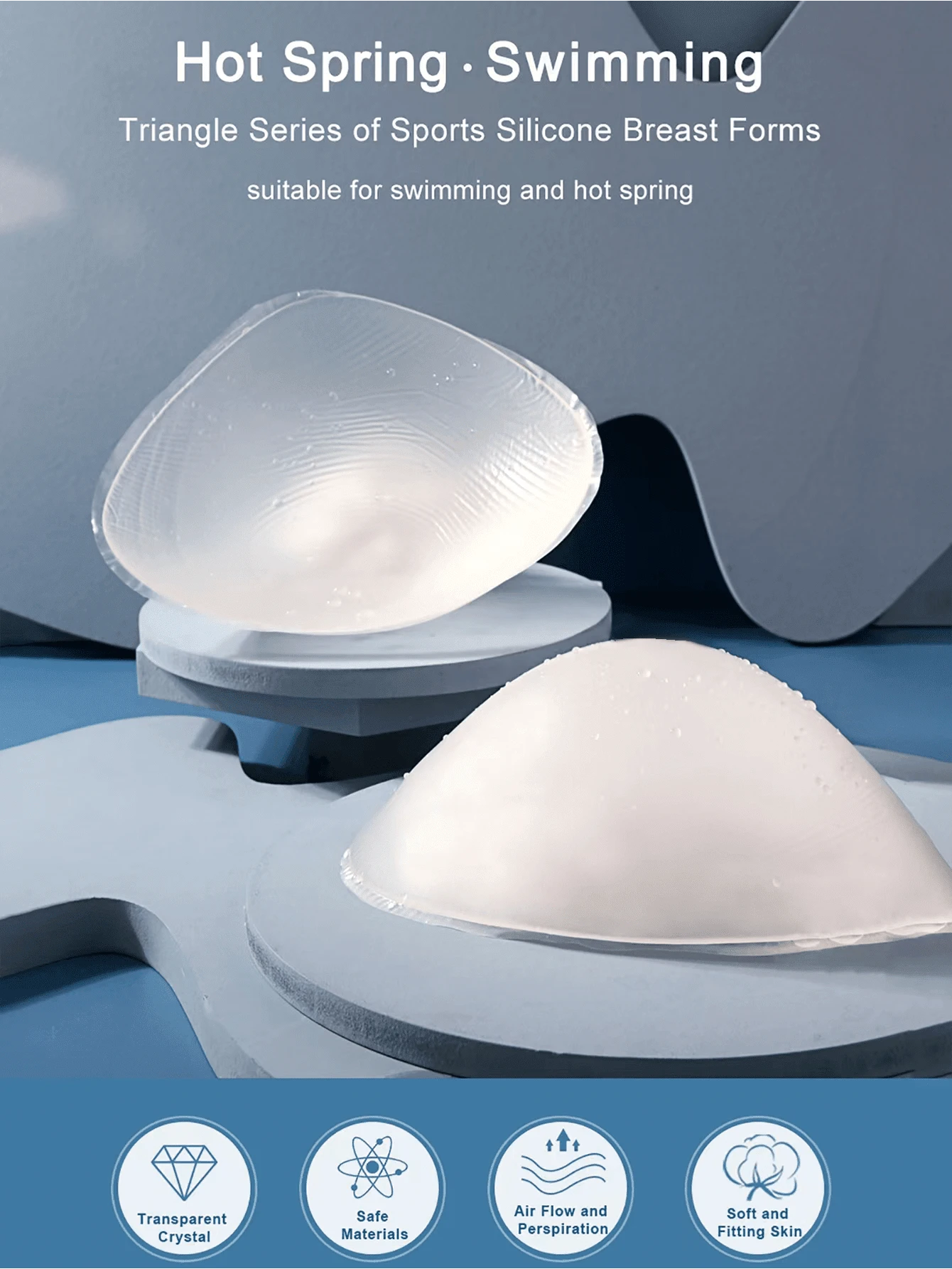 ANGDIE 1对透明硅胶三角胸垫，耐热，适合游泳和水疗，人造硅胶乳房垫，男女通用，用于乳房假体取出术后恢复。 - 無色 - 查看 1